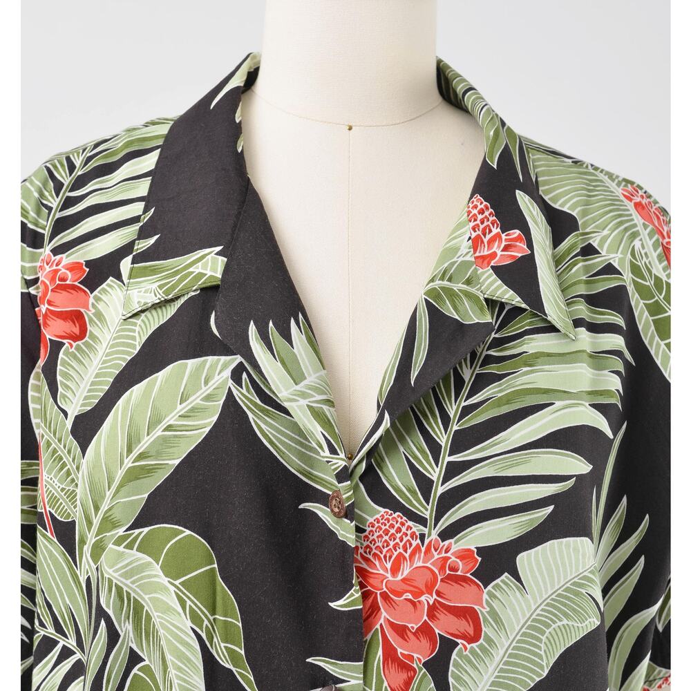 Vintage 90s Hawaiian Shirt Tropical Floral Blouse Black Aloha Button Up 1X 2X - Picture 5 of 7